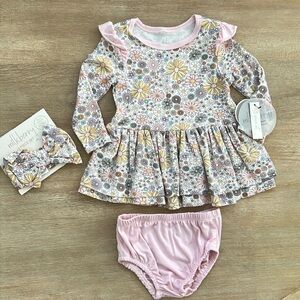Milkberry Baby Girl Bamboo Floral Dress Headband Diaper Cover 3-6 months